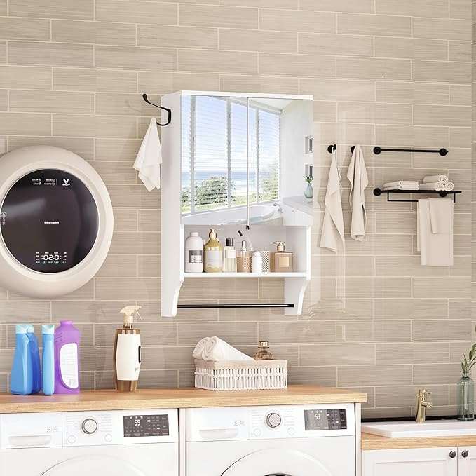 Bathroom Wall Cabinet with Mirror, Medicine Cabinet with 2 Door and Adjustable Shelf, Wall Mounted Over The Toilet Storage Cabinet with Towel Bar for Bathroom Laundry Room Kitchen, White