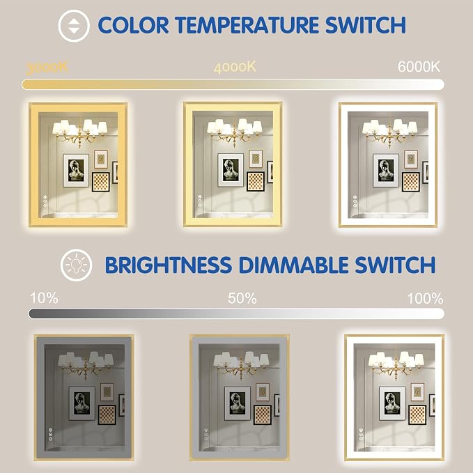 24x36 Inch LED Bathroom Mirror Gold Frame | Gold Metal Frame, Front and Backlit, 3 Colors, Dimmable, Memory, Anti Fog, Tempered Glass, Lighted Mirror for Wall