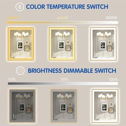 28x36 Inch LED Bathroom Mirror with Gold Frame | Gold Metal Frame, Front and Backlit, 3 Colors, Dimmable, Memory, Anti Fog, Tempered Glass, Lighted Mirror for Wall