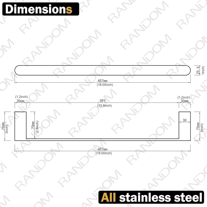 RANDOM Matte Black Towel Bar Rack Holder Rod 18 inch Hand Towel Holder for Bathroom Kitchen Heavy Duty Hardware Accessories Wall Mount Contemporary Hotel Style.96026-2-18MB