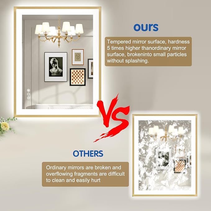 24x36 Inch LED Bathroom Mirror Gold Frame | Gold Metal Frame, Front and Backlit, 3 Colors, Dimmable, Memory, Anti Fog, Tempered Glass, Lighted Mirror for Wall