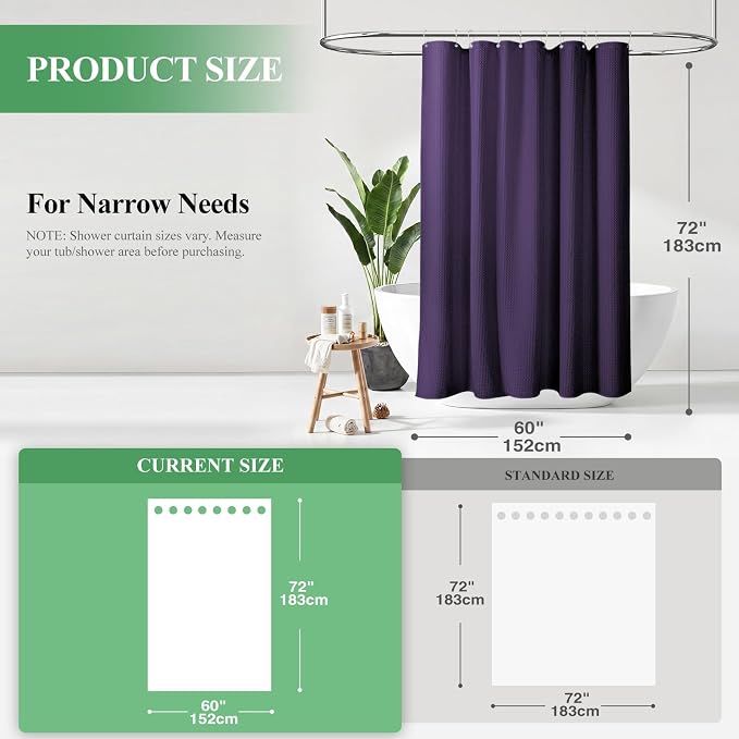 Stall Waffle Shower Curtain 256 GSM Heavy Fabric 60x72 Purple | 60 Inch Wide, Thick Cloth, Weighted Hem, Water Repellent, Hotel Luxury Polyester Shower Curtain Set for Bathroom 10 Hooks