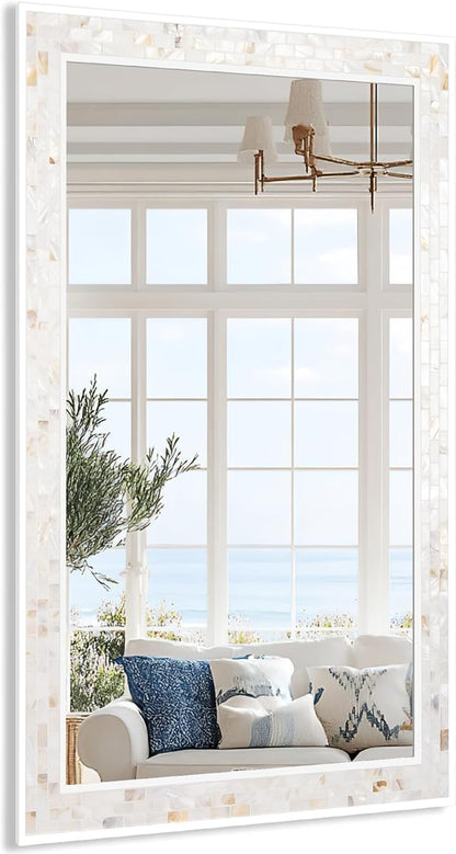Tanmicoshomy 20x 28 Inch Rectangle Wall Mirror, Natural Shell Framed Rectangular Mirror for Bathroom, Vanity, Bedroom, Living Room, Entryway, Wall Mounted Horizontal or Vertical, White