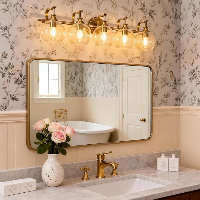 Brushed Gold Bathroom Light Fixtures, 5-Light Vanity Lights for Mirror, 35 Inch Modern Wall Sconces Lighting with Globe Clear Shade Up or Down Wall Mounted for Bedroom, Living Room, Hallway