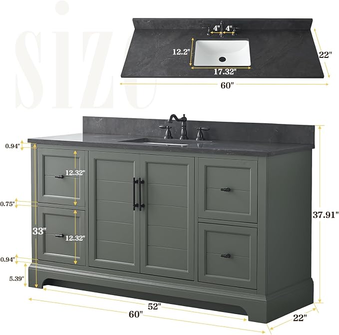 Vanity Art 60 Inch Bathroom Vanity with Single Sink, Silver Grey | Solid Wood, Ceramic Sink, Marble Top, Waterproof Backsplash, Pre-assembled, Soft-close Doors, Ample Storage, Freestanding