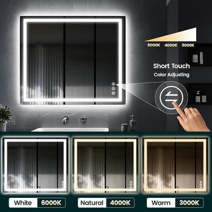 30" x 36" LED Bathroom Mirror with Lights, Memory Vanity Mirror | Anti-Fog, 3 Color Modes, Dimmable, Front Lit, Memory Function, Tempered Glass, Lighted Bathroom Mirror for Wall