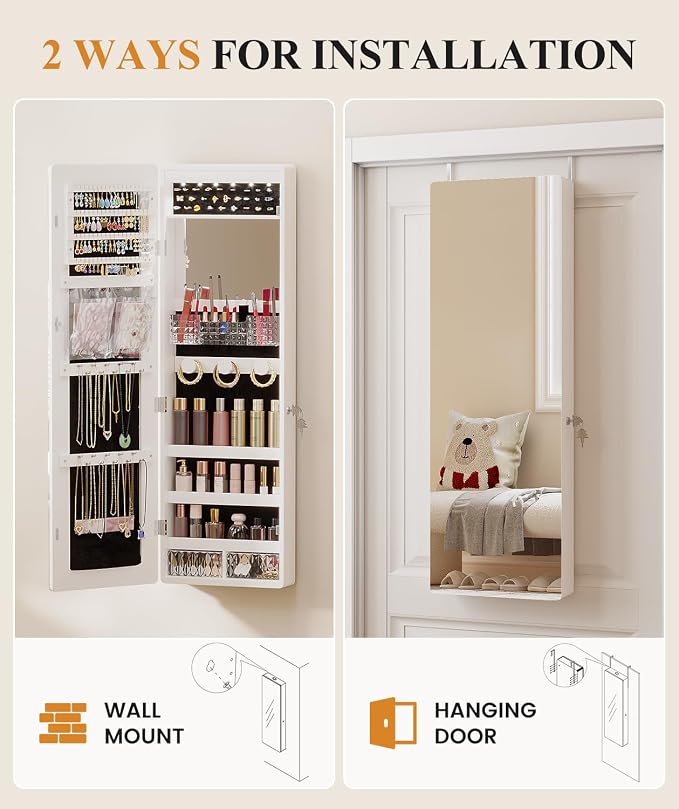LVSOMT Over the Door Jewelry Organizer with Mirror Door Mirror with Storage | Jewelry Mirror Cabinet with Large Capacity, 6 LED Lights,Velvet Lining, Space-Saving for Bedroom, Cloakroom, Gift Women Girls