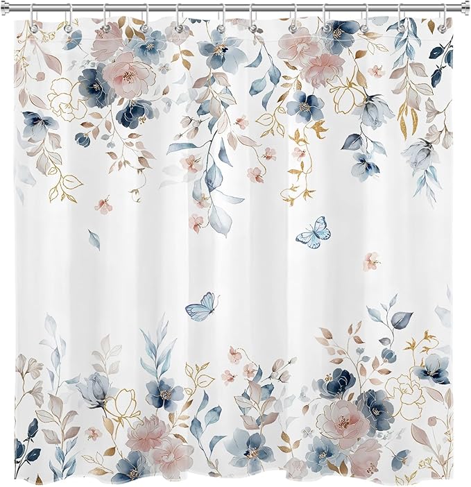 Pink Floral Shower Curtain for Bathroom, Pink and Blue Flower Butterfly Country Nature Fabric Bathroom Curtain Set with Hooks, 72 x 72 Inch