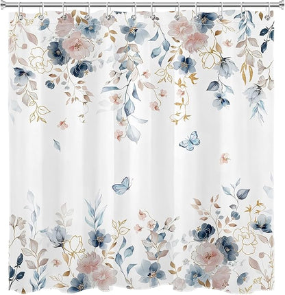 Pink Floral Shower Curtain for Bathroom, Pink and Blue Flower Butterfly Country Nature Fabric Bathroom Curtain Set with Hooks, 72 x 72 Inch