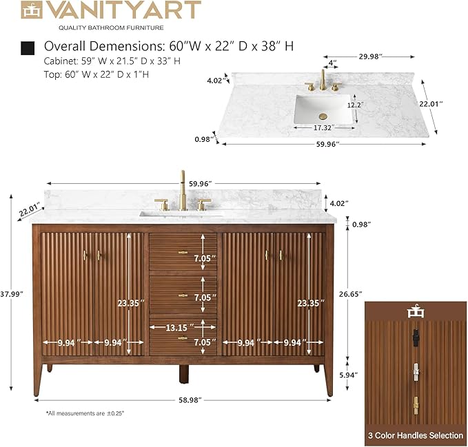 Vanity Art 60 inch Walnut Bathroom Vanity with Single Sink & Ceramic Top, Vanity Cabinet with Soft-Closing Door, Solid Wood Frame, Linear Pattern, Walnut, VA9160-SWalnut-MB,Matte Black Handles