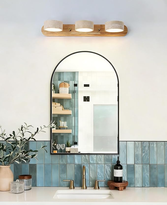Natural Wood Vanity Light, 19.7 Inches Nordic Style Farmhouse Vanity Lights for Bathroom Wabi Sabi Travertine Wall Sconce with 360° Rotatable Natural Stone Lampshade and Wooden Base (3 Lights)