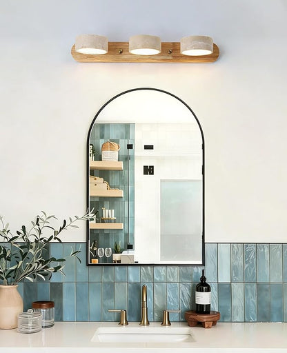 Natural Wood Vanity Light, 19.7 Inches Nordic Style Farmhouse Vanity Lights for Bathroom Wabi Sabi Travertine Wall Sconce with 360° Rotatable Natural Stone Lampshade and Wooden Base (3 Lights)