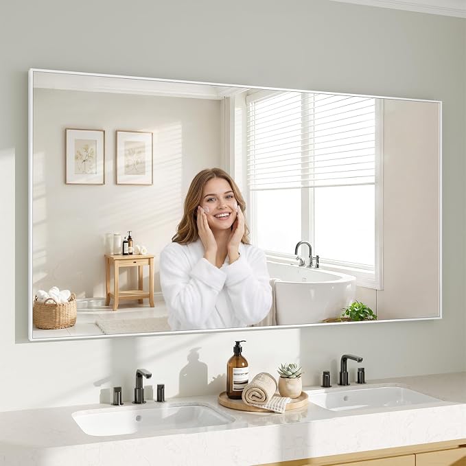 Koonmi White Rectangle Wall Mirror, 30x60 Inch Bathroom Mirror, Aluminum Frame Vanity Mirror for Entryway, Living Room, Bedroom Bathroom, Hangs Horizontally or Vertically
