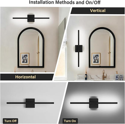 Black Bathroom Vanity Light, 24 Inch LED Light Bar Over Mirror | Modern Bathroom Light Fixture Over Mirror for Vanity, 360° Rotatable Dimmable LED Wall Mounted Lighting, ETL Certified