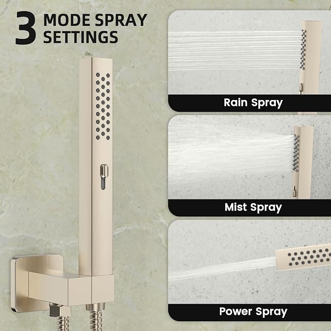 Longriver 3-Push Button Shower Faucet Set Hydro Power Temperature Display | Shower System Wall Mounted 10" & 6" Shower Head with 3-Spary Handheld, Shower Fixtures with Valve and Trim Kit-Brushed Nickel