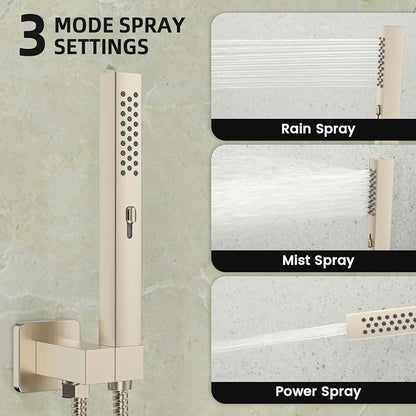 Longriver 3-Push Button Shower Faucet Set Hydro Power Temperature Display | Shower System Ceiling Mounted 10" & Wall Mounted 6" Shower Head with 3-Spary Handheld, Brushed Nickel