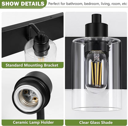 Bathroom Light Fixtures,Matte Black 3-Light Bathroom Lights Over Mirror with Clear Glass Shade,Wall Sconces for Kitchen Living Room Bedroom