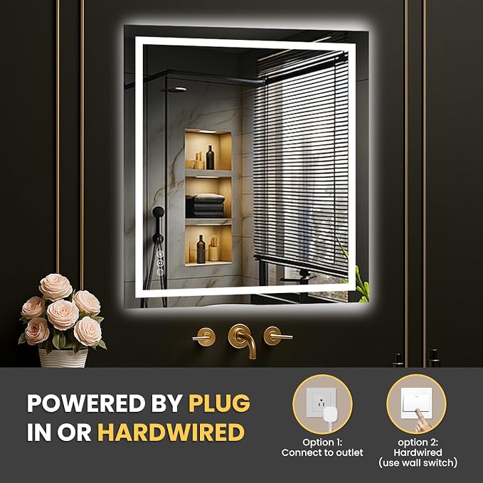 LOAAO 24"X28" LED Bathroom Mirror with Lights, UL Listed | Anti-Fog, Dimmable, 3 Color Temperature, Backlit + Front Lit, Memory Function, Tempered Glass