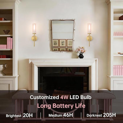 Shenmoyl Battery Operated Wall Sconces Set of 2, Gold Rechargeable Wall Lighting Fixtures, Dimmable Wall Lights with Remote & Pink Glass Shade for Living Room, Bathroom,Bedroom