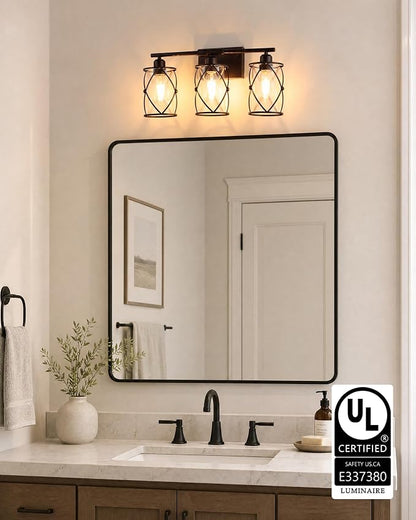 3-Light Oil Rubbed Bronze Bathroom Light Fixtures Over Mirror, 21" UL-Listed Modern Farmhouse Wall Sconce Lights with Clear Glass and Metal Cage for Bath, Hardwire E26, CH9176ORB-3W