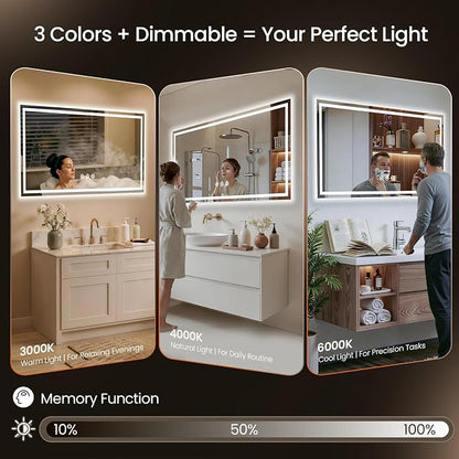48x40 LED Bathroom Mirror with Anti-Fog, Backlit & Front Lit, Memory | Stepless Dimmable 3 Color CRI 95+ Shatterproof Tempered Glass ETL Listed for Safety Lighted Bathroom Vanity Mirror for Wall