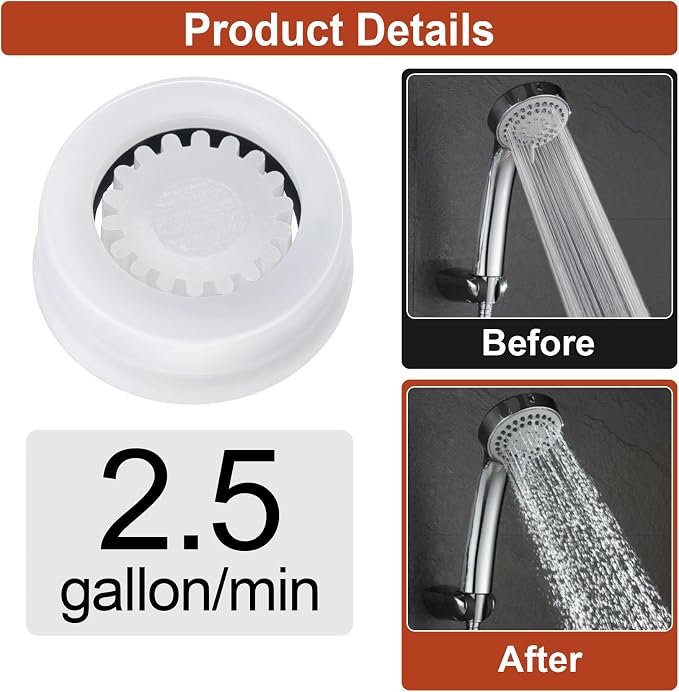 8Pcs Shower Flow Restrictor, White Water Flow Reducer Control Value | 2.5 GPM Shower Head Water Saver, Plastic, 0.56 0.54 0.21 in, Universal Size, 14mm Connector