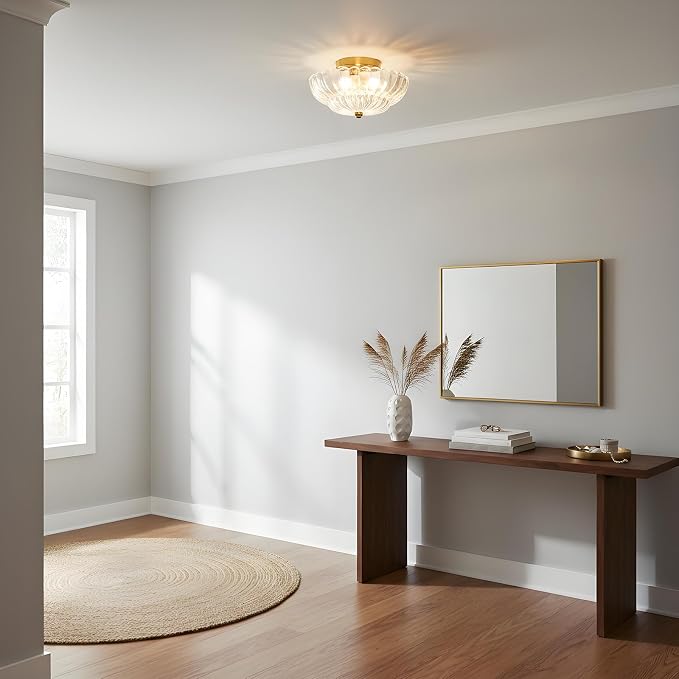 Clear Glass Semi Flush Mount Ceiling Light Fixture,11.8 in,3-Lights | Flower Shape,Round Gold Base,Use E26 Bulb,Support Dimmable,for Hallway,Bedroom,Bathroom,Foyer,Closet,Entryway,Laundry Room