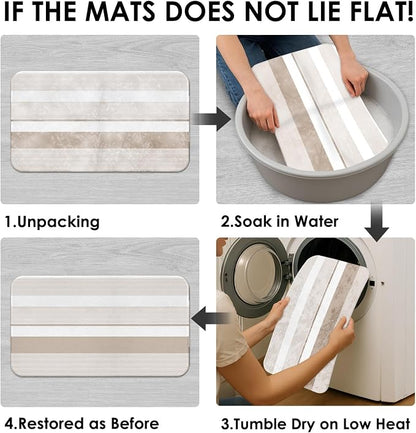Bathroom Sets with Shower Curtain and Rugs, 4 Pcs, Abstract Striped | Modern Beige Simple Bathroom Decor Set with Toilet Lid Cover, Non-Slip Bath Mats and Accessories 12 Hooks