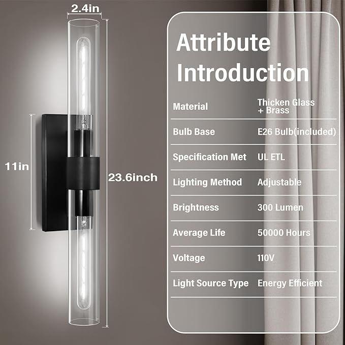 22.8" Brass Black Wall Sconces, Bathroom Vanity Light Fixtures with Clear Glass Tube, Modern Wall Lamp Lighting for Bedroom, Living Room, Hallway, Mirror, Staircase, Kitchen