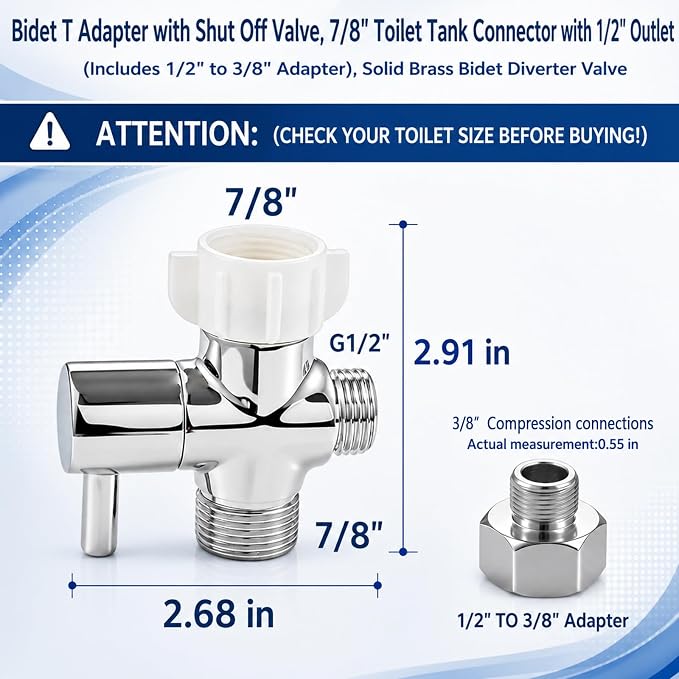Bidet T Adapter with Shut off Valve,Solid Brass T Valve for Bidet Toilet 7/8” X 7/8” X 1/2”or 3/8”,Tee Connector Bidet Attachment for Toilet