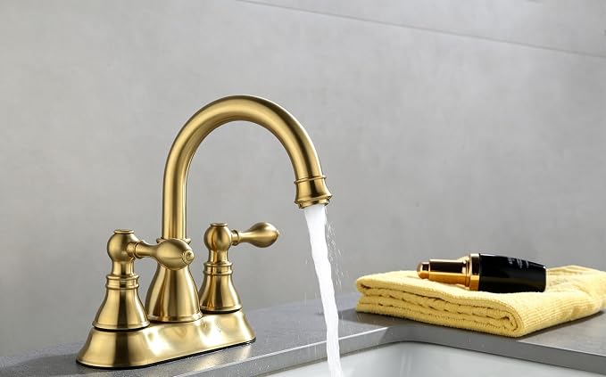 Two Handle Bathroom Sink Faucet 3 Hole with Overflow Pop up Drain, 360° Swivel Spout 4 Inch Centerset Lavatory Faucet Without Water Supply Lines,Brushed Gold,F-4501-CS