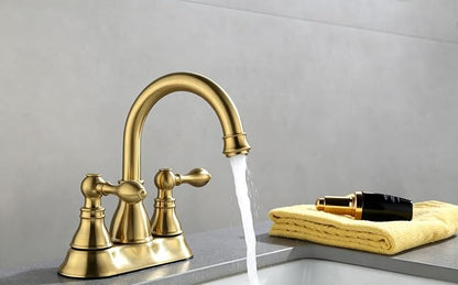 Two Handle Bathroom Sink Faucet 3 Hole with Overflow Pop up Drain, 360° Swivel Spout 4 Inch Centerset Lavatory Faucet Without Water Supply Lines,Brushed Gold,F-4501-CS
