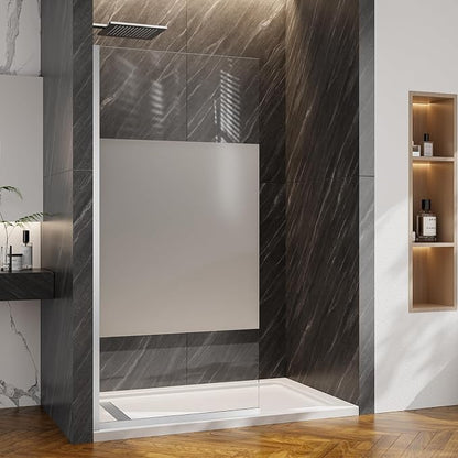 Shower Screen 36" x 76" Shower Wall Panel Chrome Middle Frosted | Tempered Glass 3/8 inch, Half Frameless Shower Wall Panel, Easy to clean Coating, Fixed Glass Shower Door With Hardware