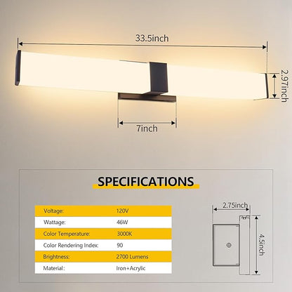 Kalium 33in Modern Wall Sconces, Dimmable Bathroom Vanity Lights, 3000K Warm White LED Indoor Sconces Lighting for Bathroom, Stairs, Living Room, Bedroom. Hardwired.