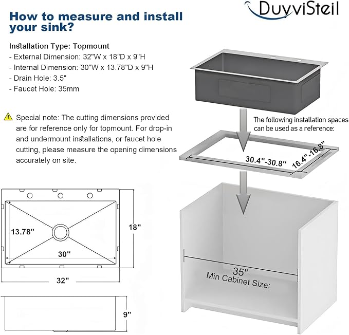 32 x 18 Inch Drop in Kitchen Sink, Nano-Coated Topmount Single Bowl Stainless Steel Sink with Drain Kit Baskets
