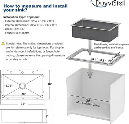 32 x 18 Inch Drop in Kitchen Sink, Nano-Coated Topmount Single Bowl Stainless Steel Sink with Drain Kit Baskets