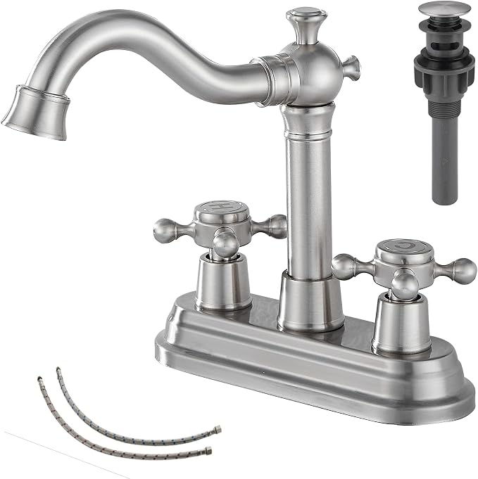 Bathroom Faucet Brushed Nickel GGStudy 2 Handles 4 Inches Centerset Bathroom Vanity with Drain Assembly and Supply Hose Lavatory Mixer Double Handle Tap