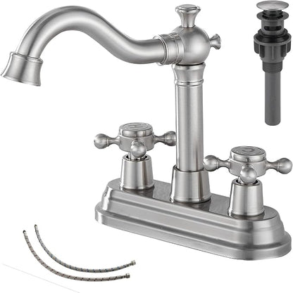 Bathroom Faucet Brushed Nickel GGStudy 2 Handles 4 Inches Centerset Bathroom Vanity with Drain Assembly and Supply Hose Lavatory Mixer Double Handle Tap