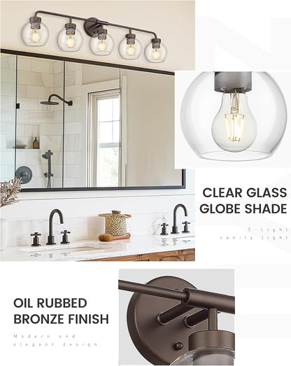 zeyu 5-Light Globe Bathroom Vanity Light, Oil Rubbed Bronze, ZS62BG-5W ORB | Large Bathroom Vanity Light, 38.5-Inch 5-Light Design, Clear Globe Glass, Oil Rubbed Bronze, Up/Down Mount, ETL Listed