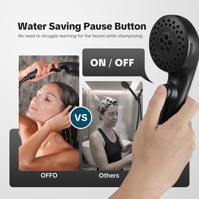 OFFO Shower Head with Hose, 5 Mode Handheld Shower Head with On Off Switch for Water Saving, High Flow Powerful Boosting Showerheads with 60" PVC Hose, Matte Black
