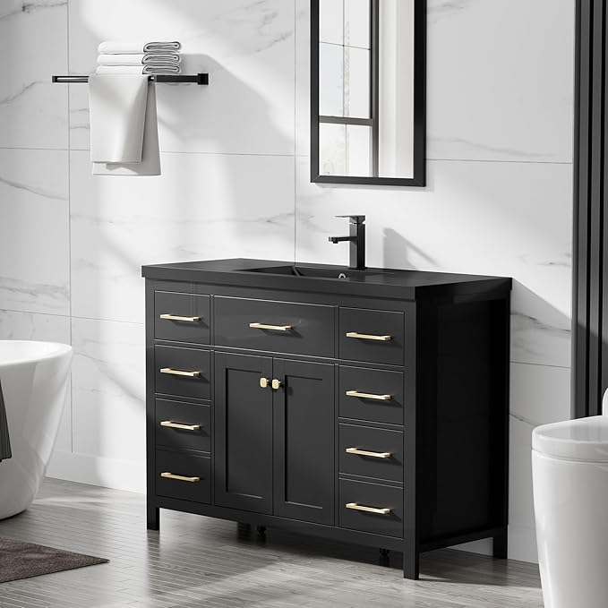 LUCKWIND 48" Modern Bathroom Vanity and Black Sink, Painted Bathroom Storage Cabinet with Single Resin Sink, Two Doors and Four Drawers, Include Faucet Without Mirror, Black