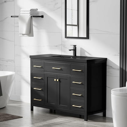 LUCKWIND 48" Modern Bathroom Vanity and Black Sink, Painted Bathroom Storage Cabinet with Single Resin Sink, Two Doors and Four Drawers, Include Faucet Without Mirror, Black