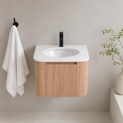 24 Inch Wall Mounted Bathroom Vanity with Ceramic Sink, Pre-Assembled Floating Vanity Cabinet with Marble Countertop, Wave Texture Finish & Drawer, Wood