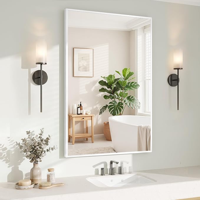 Koonmi White Rectangle Wall Mirror, 26x38 Inch Bathroom Mirror, Aluminum Frame Vanity Mirror for Entryway, Living Room, Bedroom Bathroom, Hangs Horizontally or Vertically