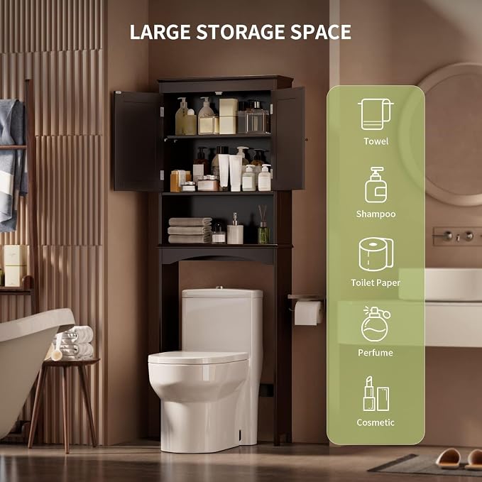 Gizoon Over the Toilet Storage Cabinet with Adjustable Shelf, Espresso | Bathroom Space Saver Organizer Above Toilet with Open Shelf and Double Doors, Taller Wooden Free Standing Toilet Rack