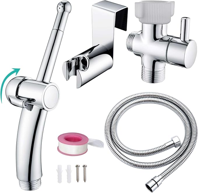 BARROCK Handheld Bidet Sprayer Combo Set for Toilet, Portable Bathroom Bidet Seat Attachment, 2 Way Installation Hang or Wall-Mount Shattaf Kit for Women with Brass T-Valve Explosion-Proof Hose Chrome