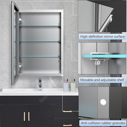 Bathroom Medicine Cabinet, 20x26 inch Mirror Cabinet of Aluminum, Assembly Needed, Surface Mount or Recessed, Medicine Cabinet with Mirror, Adjustable Glass Shelves, Waterproof for Bathroom
