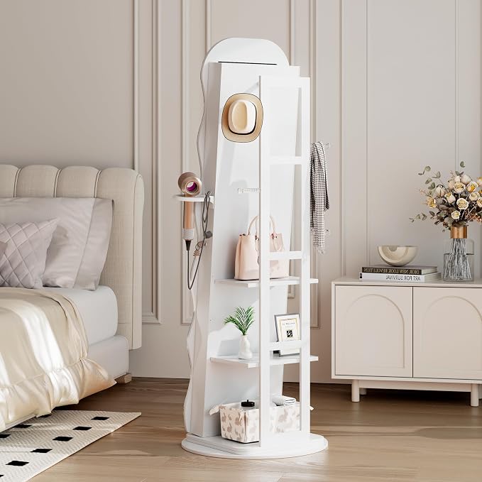 Vlsrka LED Mirror Jewelry Cabinet Standing, 360° Swivel, White | Lockable Jewelry Armoire with Mirror, Interior LED Makeup Mirror, Foldable Shelf, Large Capacity, Gift for Women, Girls