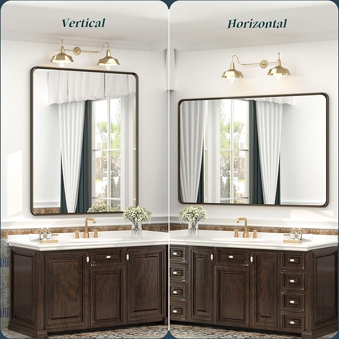 OKPAL 30x36 Bronze Bathroom Wall Mirror, Modern Brushed Metal Framed Mirror for Vanity, Bronze Rounded Rectangle, Anti-Rust, Tempered Shatterproof (Horizontal/Vertical)