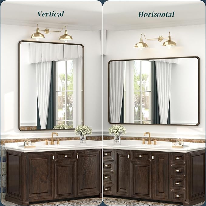 OKPAL 28x32 Bronze Bathroom Mirror Over Sink, Brushed Bronze Vanity Mirror, Rounded Bronze Rectangle Mirror for Farmhouse, Anti-Rust, Wall Mounted (Horizontal/Vertical)